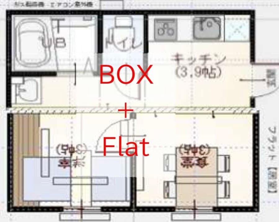 BOX 水回りキットとフラットの寝室・食堂をつなげた平面図(BOX+Flat)